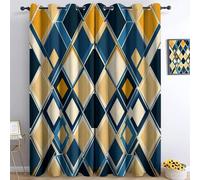 Abstract Geometric Rhombus Pattern Blackout Curtains, Mustard Yellow Print Grommet Drapes for Bedroom Living Room - 100% Darkening Thermal Insulated Window Treatments 2 Panels Set W 46 x L 54 Inches