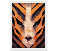 Abstract Geometric Tiger Head Symmetrical Artwork Framed Wall Art Print A4 Artery8 White One Size