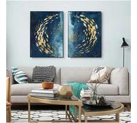 Abstract Gold Fish Chinese Canvas Painting Big Blue Poster Prints Luxurious Wall Art for Living room Aisle Gold Picture 60x80cm(24x31in) x2 withframe
