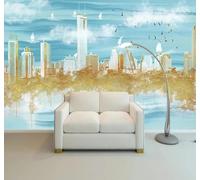 Abstract Gold Leaf City Architecture Flying Birds Landscape 3D Wallpaper Silky Texture Home Study Office Grey Dining Room Sofa Bedroom Living Room TV Backdrop-400cm×280cm