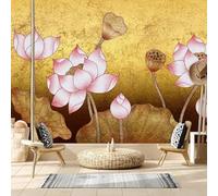 Abstract Gold Lotus Leaves Pink Lotus Flowers Modern 3D Wallpaper Premium Textured Silk Neutral Tones Material Ideal for Living Room Bedroom-400cm×280cm
