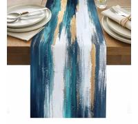 Abstract Graffiti Art Table Runner 13 x 70 Inch, Gold Blue Blend Texture Washable Cotton Linen Dining Table Runner Tabletop Decorations for Restaurant Home Kitchen Party