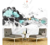 Abstract Graffiti Mountain Peaks Waterfall Small Boat Flying Birds 3D Wallpaper Silky Texture Home Study Office Grey Dining Room Sofa Bedroom Living Room TV Backdrop-350cm×256cm