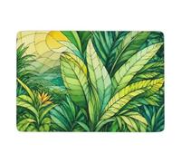 Abstract Green Leaves Pattern Short Pile Rug 150 x 100 cm, Soft Non Slip | Soft bedroom rug - helps improve grip on suitable dry floors; clear heat transfer print; for bedroom floor styling