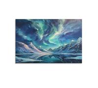 Abstract Green Lights Canvas Wall Art, Fantasy Snowy Mountains Nature Landscape Painting Print on Textured Canvas, Wall Poster Artwork for Living Room Bedroom Office Decor Unframe 12x18inch(30x45cm)