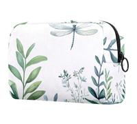 Abstract Green Plants Flowers and Flying Dragonfly Small Makeup Bag for Women Cosmetic Storage Bag with Zipper Beauty Accessories Organizer Bag