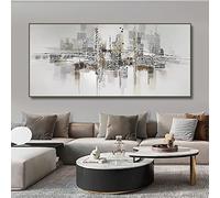 Abstract Grey Oil Painting On Canvas Large Size Modern Urben Landscape Artwork Painting for Living Room Wall Decoration 35x71inch/90x180cm with Black Frame