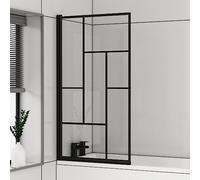 Abstract Grid Square 1400mm Matt Black Framed Hinged Bath Screen with 5mm Glass