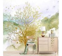 Abstract Hand Drawn Doodle Gold Tree Moose Bird 3D Wallpaper Luxury Silk Study Dining Feature Sofa Grey Bedroom Living Room Tv Decorative Wall-300cm×210cm