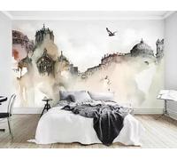 Abstract Hand Drawn Ink Wash Architecture Flying Birds 3D Wallpaper Luxury Silk Study Dining Feature Sofa Grey Bedroom Living Room Tv Decorative Wall-430cm×300cm