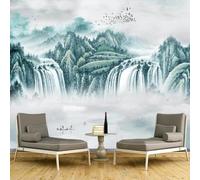 Abstract Hand Drawn Mountain Peaks Waterfall Small Boat Flying Birds 3D Wallpaper Silky Texture Home Study Office Grey Dining Room Sofa Bedroom Living Room TV Backdrop-300cm×210cm