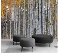 Abstract Hand Painted Autumn Forest Flying Birds 3D Wallpaper Premium Textured Silk Study Dining Living Room Bedroom Sofa TV Wall Easy Install-300cm×210cm
