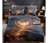 Abstract Heart Shape Single Duvet Cover Set 135x200 cm Sea waves sunset landscape Microfibre Quilt Cover with 1 Pillowcases 50x75 cm, Printed Bedding Set for Kids Teens Bedroom Decor