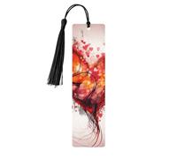 Abstract Heart Wooden Bookmarks 5 Pcs,Handmade Double-Sided Printed Book Marks Page Markers with Black Tassels Book Accessories Gift for Book Lovers Women Men