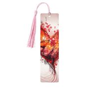 Abstract Heart Wooden Bookmarks 5 Pcs,Handmade Double-Sided Printed Book Marks Page Markers with Pink Tassels Book Accessories Gift for Book Lovers Women Men