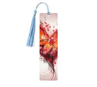 Abstract Heart Wooden Bookmarks 5 Pcs,Handmade Double-Sided Printed Book Marks Page Markers with Sky Blue Tassels Book Accessories Gift for Book Lovers Women Men