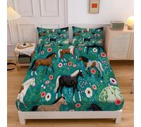 Abstract Horse Fitted Sheet 180×200 Cm, Hotel Quality Grassland Animals Ultra Soft & Breathable Brushed Microfiber Deep Pocket 30 Cm, Cooling Fitted Sheet For Super King Bed (Green)