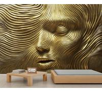 Abstract Human Face Wallpaper, Golden Waves Mural, Abstract Art Large Wallpaper for Living Room, 3D Relief Wall Mural - 390x260cm (Not Peel n' Stick)