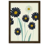 Abstract Illustrated Black Daisy Marigold Blossoms Flowers Artwork Framed A3 Wall Art Print