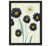 Abstract Illustrated Black Daisy Marigold Blossoms Flowers Artwork Framed A3 Wall Art Print