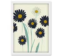 Abstract Illustrated Black Daisy Marigold Blossoms Flowers Artwork Framed Wall Art Print A4