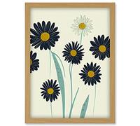 Abstract Illustrated Black Daisy Marigold Blossoms Flowers Artwork Framed Wall Art Print A4