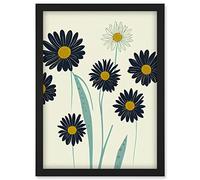 Abstract Illustrated Black Daisy Marigold Blossoms Flowers Artwork Framed Wall Art Print A4