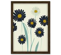 Abstract Illustrated Black Daisy Marigold Blossoms Flowers Artwork Framed Wall Art Print A4 Artery8 Brown One Size