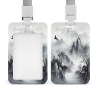 Abstract Ink Painting ID Badge Holder Clear Badge Protectors with Detachable Lanyard Strap Vertical Hard Plastic Sleeve Secures Work ID Card Credit Cards for Office Factory