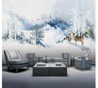 Abstract Ink Wash Mountain Peaks Elk Birds in Flight 3D Wallpaper Easy Install Feature Office Living Room Sofa Bedroom TV Background Wall Decoration-350cm×256cm