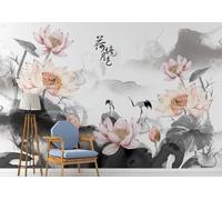 Abstract Ink Wash Painting Lotus Leaf Pink Lotus 3D Wallpaper Easy Install Feature Office Living Room Sofa Bedroom TV Background Wall Decoration-150cm×105cm