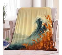 Abstract Japanese Ocean Waves Stripes Print Throw Blanket for Kids, Camel Soft Cozy Fluffy Flannel Blanket for Girls - 39 x 51 in Warm Fleece Bedding for Teen Sofa Couch Birthday Gift, 100 x 130 cm