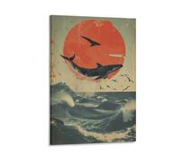 Abstract Japanese Whale Canvas Wall Art, Stretched And Framed - 60x90cm | Asian Ocean Red Sun Modern Picture Canvas Print, Ready to Hang Artwork Wall Decor for Living Room, Bedroom, Office