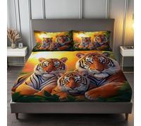 Abstract Jungle Animal Print Tiger Printed Super King Size Fitted Sheet 30cm Extra Deep, Brown Luxury Washable Bed Sheets, Soft Brushed Microfiber Fade Resistant Breathable Bedding