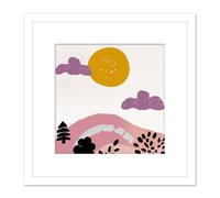 Abstract Landscape Countryside Sun And Hills Modern Boho Bohemian Soft Purple Watercolour Painting Square Wooden Framed Wall Art Print Picture 8X8 Inc Artery8 White One Size