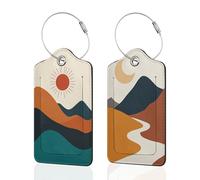 Abstract Landscape Luggage Tags for Suitcase,Boho Sun Mountains Leather Bag Tags Identifiers Privacy Cover ID Label with Durable Steel Loop for Women Men Kids Girls Travel