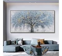 Abstract Landscape Painting On Canvas Modern Grey Blue Tree of life Wall Art Black Framed Pictures For Living room Decor 190x80cm/75x31inch With Black Frame