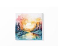 Abstract Landscape Watercolour Canvas Wall Art, Sunset Lake/Tree Scene, 40 x 40 cm (Sun Rising Over The Field)