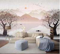 Abstract Landscapes Elk Birds in Flight Trees 3D Wallpaper Easy Install Feature Office Living Room Sofa Bedroom TV Background Wall Decoration-250cm×170cm