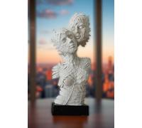 Abstract Leaf Face Sculpture - White Resin Couple Statue with Dual Human Faces on Black Base - 21 x 50cm Modern Romantic Art Decor for Home, Office, or Gallery
