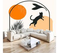 Abstract Lines Animal Cat Panoramic Wall Mural, Custom Photo Wallpaper - Bohemian Non-Woven Premium Fleece Large Wall Mural W350 x H256 cm for Living Room Bedroom Home Decoration