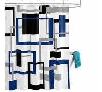 Abstract Lines Art Shower Curtain for Bathroom, Black Blue Geometric Square Frame Waterproof Cloth Fabric Bathroom Accessories Set with 12 Rust Proof Plastic Hooks, 72” x 96”