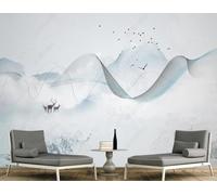Abstract Lines Mountain Peaks Moose Birds in Flight 3D Wallpaper Easy Install Feature Office Living Room Sofa Bedroom TV Background Wall Decoration-350cm×256cm