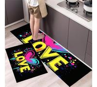 Abstract Love Heart Kitchen Rugs Non Skid Washable Mats Set of 2 PCS, Comic Sticker Style Absorbent Runner Rugs for Kitchen, Front of Sink,Sink Laundry, 43x75cm+43x150cmBlack