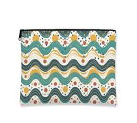 Abstract Makeup Bag, Teal Waves and Dots Portable Cosmetic Travel Pouch for Women, Small Canvas Zipper Organizer, Great for Festivals, Teal, 7x9 Inch, Cosmetic