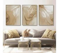 Abstract Marble Canvas Wall Art - Modern Brown and Gold Prints for Bathroom Decor - Beige Poster Painting - 16x24 Inch x3 Frameless