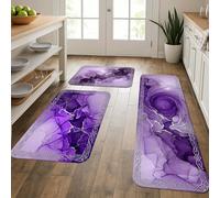 Abstract Marble Kitchen Mats for Floor, Elegant Violet Decorative Cushioned Comfort Washable Rugs for Kitchen Sinks Laundry Room Bathroom 3pcs