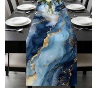 Abstract Marble Table Runner 13x70 Inches Long Luxury Gorgeous Blue Gold Ocean Cotton Linen Table Runner Burlap Style for Dinner Table Party Decor Tabletop Decorations