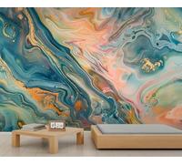 Abstract Marble Wall Murals Colorful Fluid Art Mural Wallpaper Teal Pink Fluid Art Wall Mural with Gold Accents Hd Printing for Living Room Bedroom 430 x 300 cm