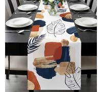 Abstract Mid Century Table Runner 13x48 Inches Long Vintage Geometric Blue and Orange Boho Leaf Cotton Linen Table Runner Burlap Style for Dinner Table Party Decor Tabletop Decorations